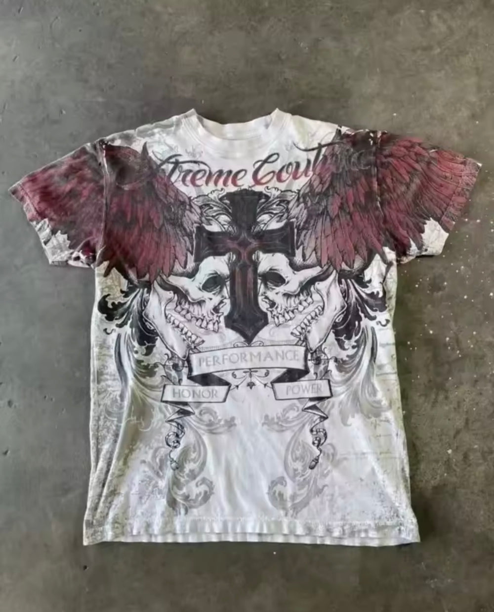 White and red skull cross wings tee